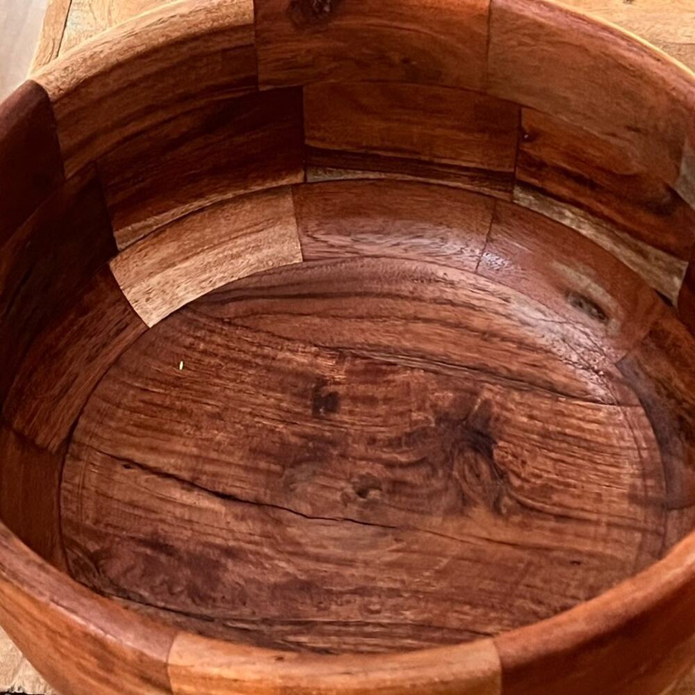 Large Acacia Wood Bowl Decor Serving Bowl 12.5" Tonal Hardwood Strips - Picture 2 of 12